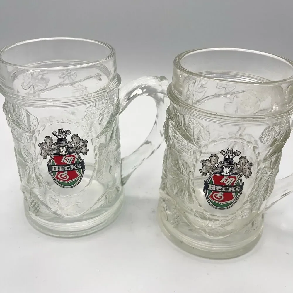Becks Beer Heavy Thick Glass Mug Stein Grape Leaf Design Germany Set Of 2